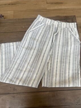 Women’s Casual Drawstring Linen-Blend Pants in White with Black Stripe